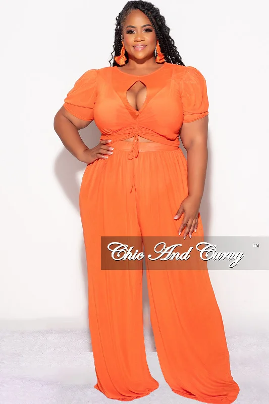 Final Sale Plus Size Mesh 3pc Set Top, Bralette, & Pant with Briefs in Orange Comfortable Fleece Pants