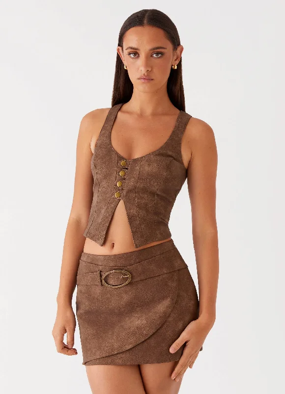 West District PU Mini Skirt - Brown lace skirt feminine