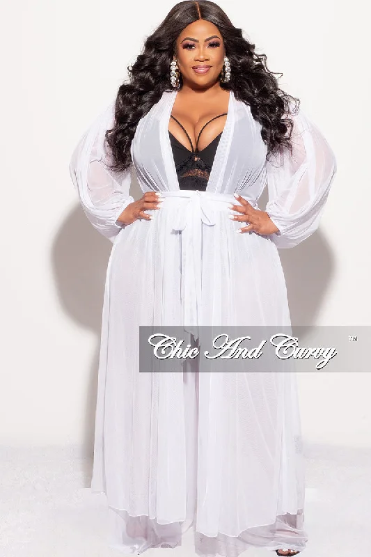 Final Sale Plus Size 2pc Sheer Duster and Pants Set in White Stylish Paperbag Waist Pants