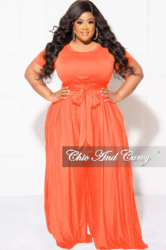 Final Sale Plus Size 2pc Set Cropped Tie Top & Pants in Orange Formal Stretch Pants