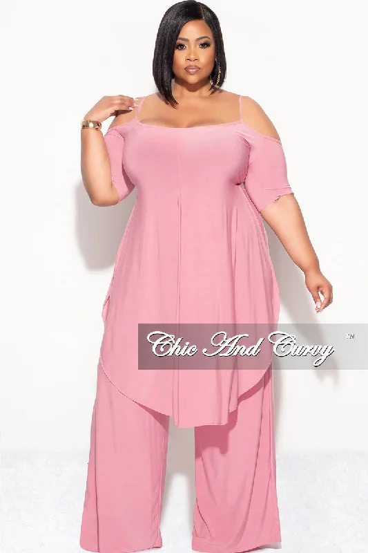 Final Sale Plus Size 2pc Cold Shoulder High low Top and Wide Leg Pants in Pink Modern Stretch Trousers Final Sale Plus Size 2pc Cold Shoulder High low Top and Wide Leg Pants in Pink Modern Stretch Trousers