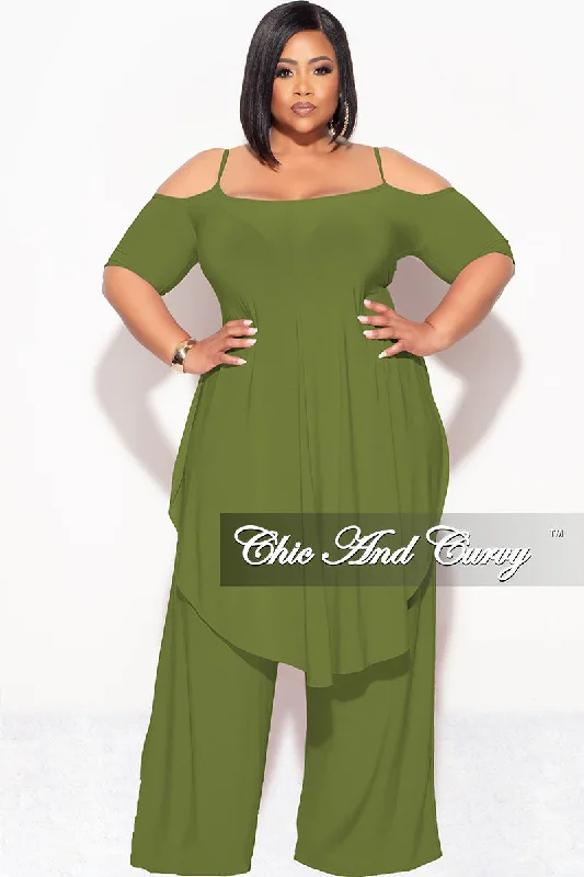Final Sale Plus Size 2pc Cold Shoulder High Low Top and Wide Leg Pants in Olive Trendy Wide-Legged Trousers Final Sale Plus Size 2pc Cold Shoulder High Low Top and Wide Leg Pants in Olive Trendy Wide-Legged Trousers