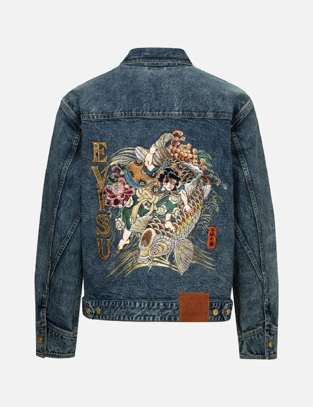 Kamon and Seagull Brocade Appliqué with Carp Embrodiery Relax Fit Denim Jacket Anorak Shell Jacket Lightweight Jacket Kamon and Seagull Brocade Appliqué with Carp Embrodiery Relax Fit Denim Jacket Anorak Shell Jacket Lightweight Jacket