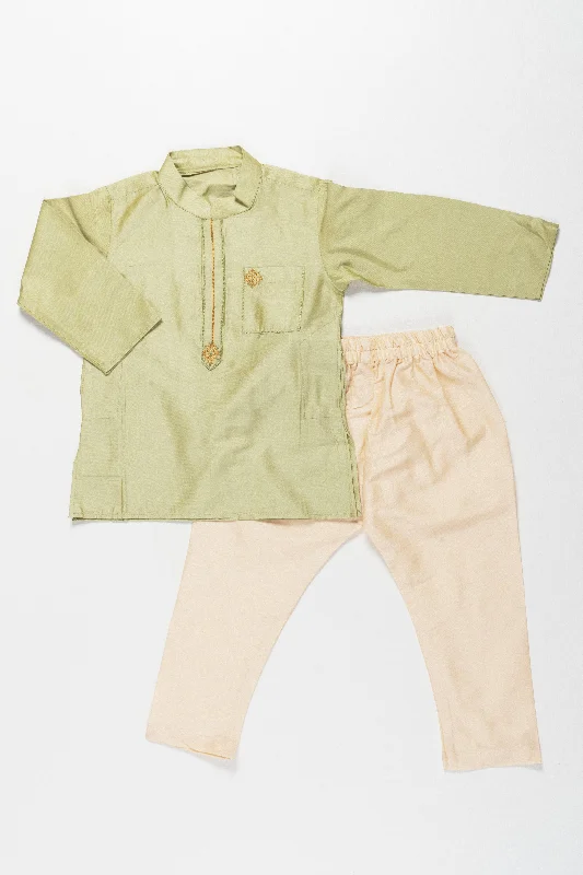 Sophisticated Green Embroidered Kurta with Beige Pant Set for Boys Stylish Slim Trousers