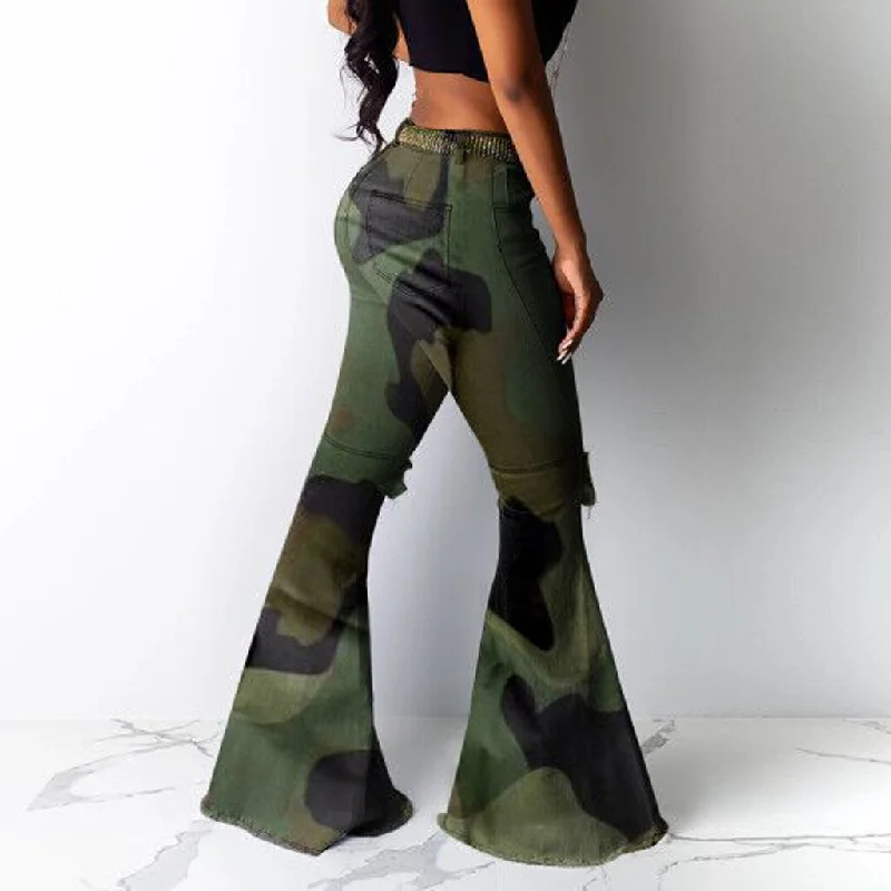 Camo Wide Flared Legs Women's Pants Formal Dress Pants
