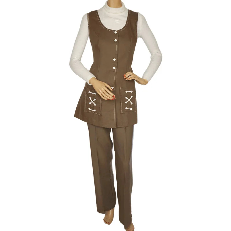 Vintage 1960s 70s Vest & Pants Set Brown Linen Ladies Unused Size M Comfortable Wide-Leg Pants