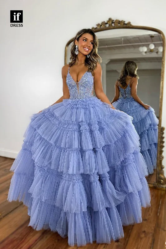 32863 - Spaghetti Straps V-Neck Tiered Tulle Long Prom Party Dress with Appliques Tunics Vintage classic 32863 - Spaghetti Straps V-Neck Tiered Tulle Long Prom Party Dress with Appliques Tunics Vintage classic