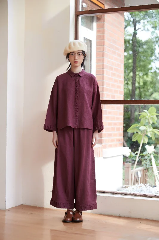 Wide Linen Cotton Pants with Gathered Hem Set-Up Item Cozy Lounge Pants
