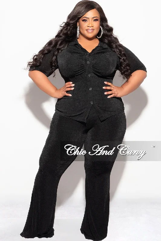 Final Sale Plus Size 2pc Slinky Button Up Collar Short Sleeve Top and Pants Set in Black Modern Stretch Trousers