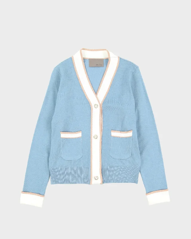 Blue Lightweight Knitted Cardigan - XS Cashmere Blend Cotton Blend Poly Blend