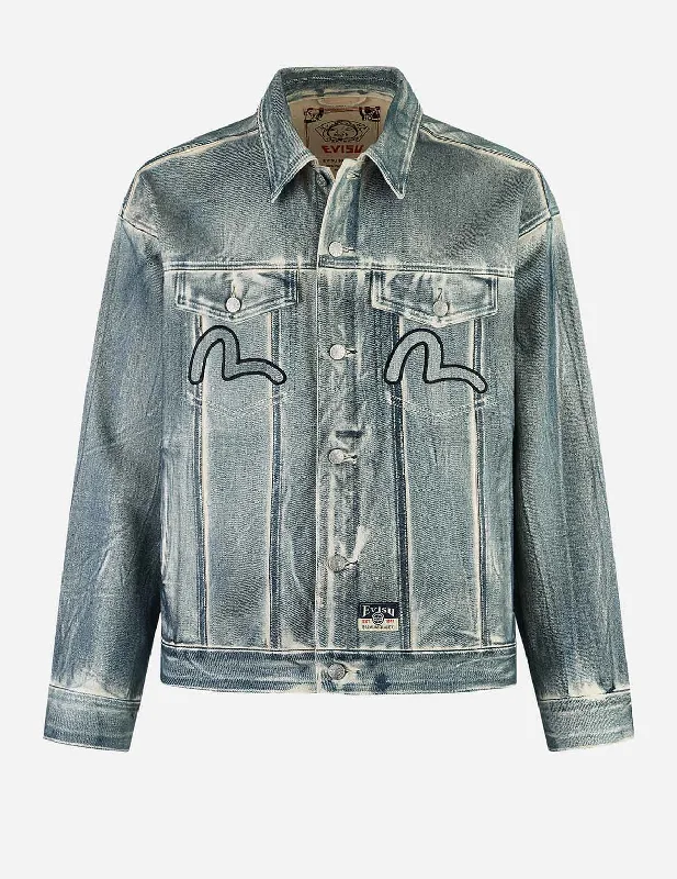 Kamon and Seagull Appliqué with Rubbing Print Fashion Fit Denim Jacket Zippered Jacket Buttoned Jacket Snapped Jacket Kamon and Seagull Appliqué with Rubbing Print Fashion Fit Denim Jacket Zippered Jacket Buttoned Jacket Snapped Jacket