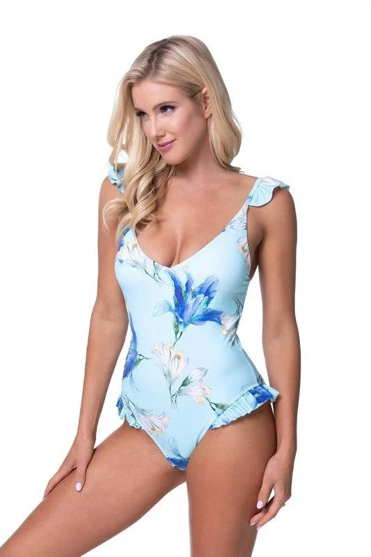 Blue Floral Ruffle One Piece Swimwear Shiny One-Piece Swimsuit