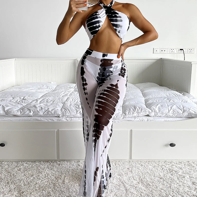 Ladies Swimsuit Split Three Piece Set Yarn Pants Swimsuit Lace Backless Sexy Bikini Bold High-Cut Bikini