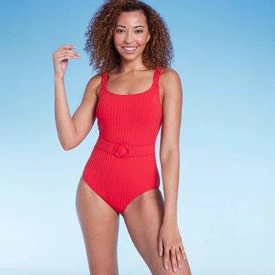 New - Women's Ribbed Front Belt Full Coverage One Piece Swimsuit - Shade & Shore Red Trendy Swimsuit Bottoms New - Women's Ribbed Front Belt Full Coverage One Piece Swimsuit - Shade & Shore Red Trendy Swimsuit Bottoms